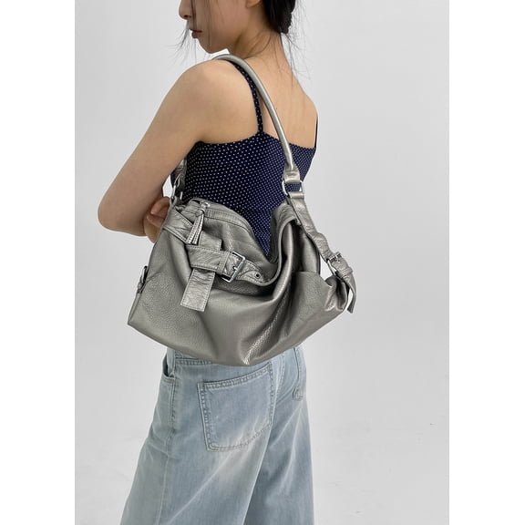Washed leather retro Korean style biker bag with distressed soft leather, large capacity, shoulder/crossbody/tote bag