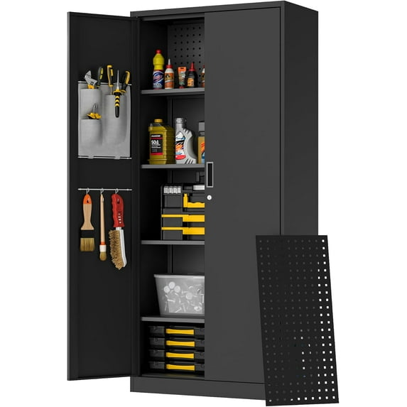Washemba 71" Metal Garage Storage Cabinet, 2 Locked Doors and 5 Adjustable Shelves, can be Used for Storing Tools, consumables, Books, etc., for Office, Home, Garage, Gym, School (Black)