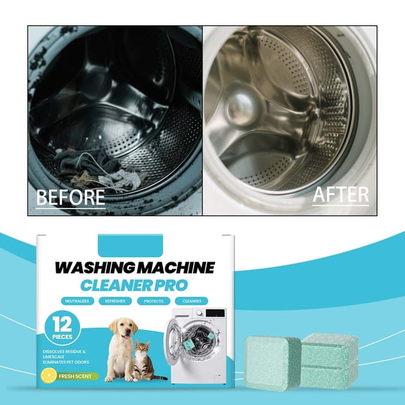 Washer Cleaner Tablets 12 Count Deep Clean, Effervescent Lemon Scent for Front Top Load Washers Removes Limescale Odor Monthly