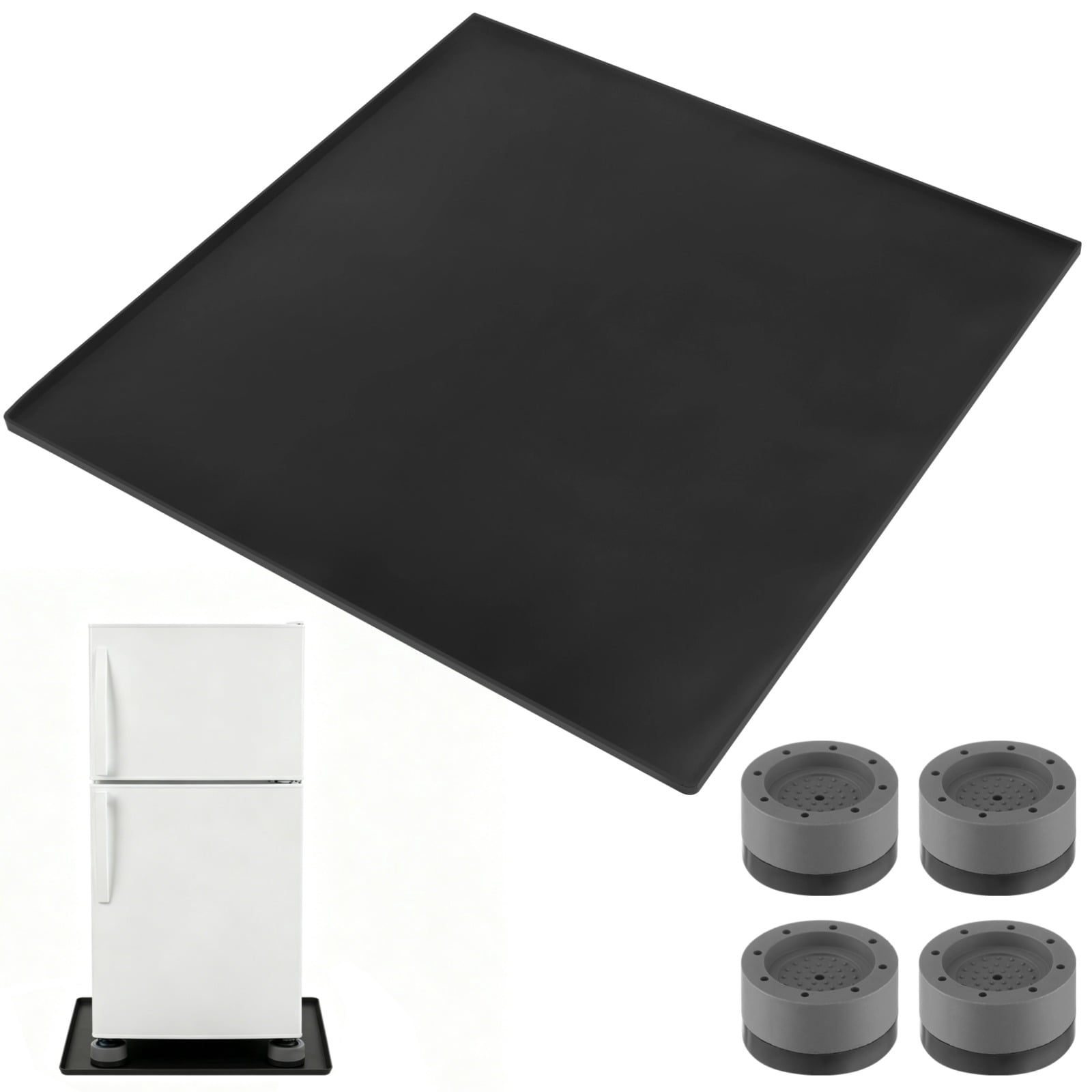 Fridge Silicone Mat With 4 Base Raisers, 23.6 x 23.6 x 0.6 in Waterproof Drip Tray, Non Slip Appliance Floor Protector Pad, Raised Edge Design for Washer Refrigerator Kitchen Use