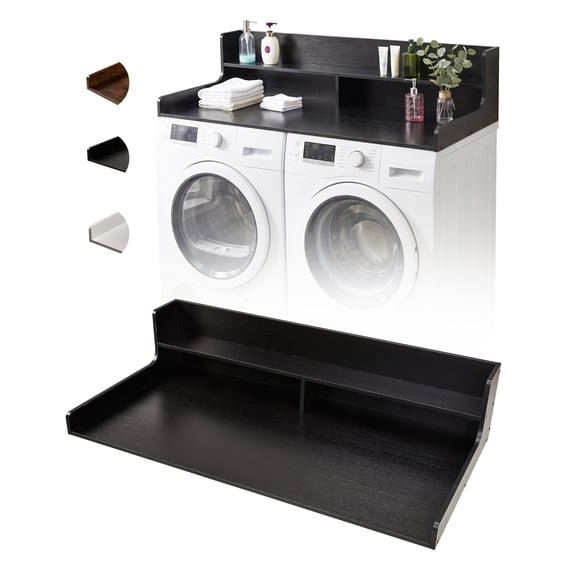 Washer Dryer Countertop, 54"x 27.5" Heavy Duty MDF Laundry Room Wood Shelf Topper, 12" Edge Rails Non Slip Pads Clothes Folding Station for Laundry Room Storage and Organization - Black