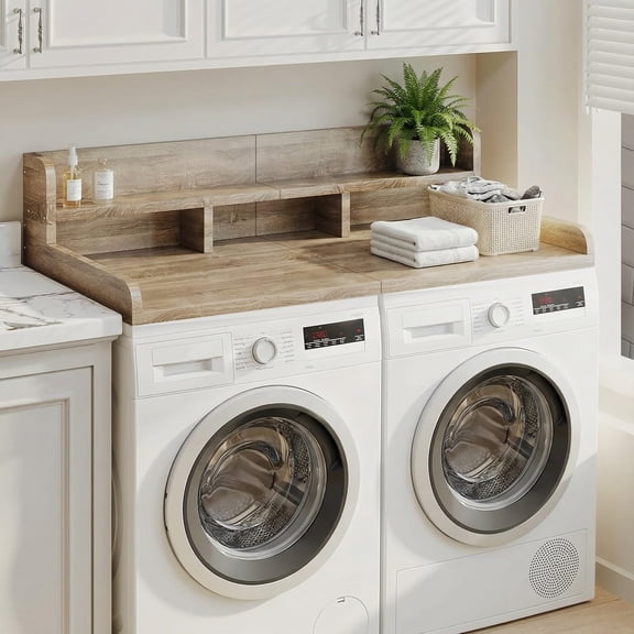 Washer Dryer Countertop with Non-slip Pads, Laundry Wood Shelf Topper with Edge, 54" Width x 27.5" Depth Double Layer Organizer for Washer and Dryer Laundry Hamper Counter Storage (Sandy Brown Color)