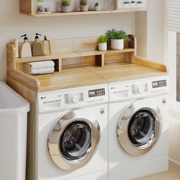 Washer Dryer Countertop with Non-slip Pads, Laundry Wood Shelf Topper with Edge, 54" Width x 27.5" Depth Double Layer Organizer for Washer and Dryer Laundry Hamper Counter Storage