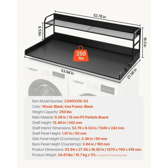 Washer Dryer Countertop with Shelf, 54" x 27" Wooden Laundry Countertop with 2 Hooks & No-Slip Pads, 2-Tier Washer and Dryer Covers for The Top, for Laundry Room Organization and Storage, Black