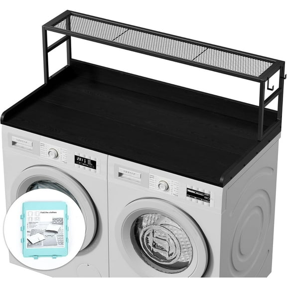 Washer Dryer Countertop with Shelf, Laundry Room Wood Topper with Edge, 27.5" x 54" Washer Dryer Cover for Top Laundry Room Storage and Organization (Black-Shelf)