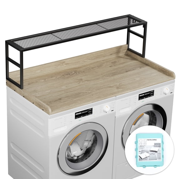 Washer Dryer Countertop with Shelves, Laundry Countertop with 2-Tier Shelf Over Wooden Washer and Dryer Laundry Room Organization and Storage 54" W x 27.5" D (Oak/Black-2-Tier)