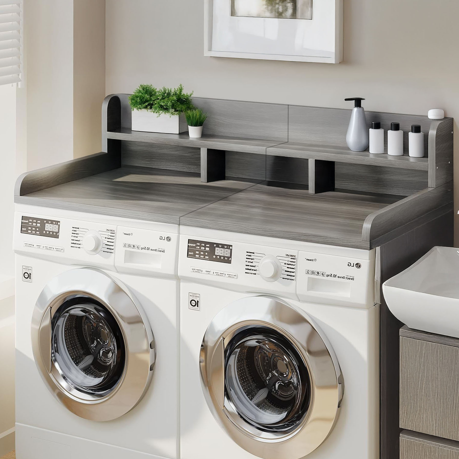 Washer Dryer Countertop With Non-Slip Pads, Wood Laundry Shelf Topper 54" Width x 27.5" Depth Organizer Solution