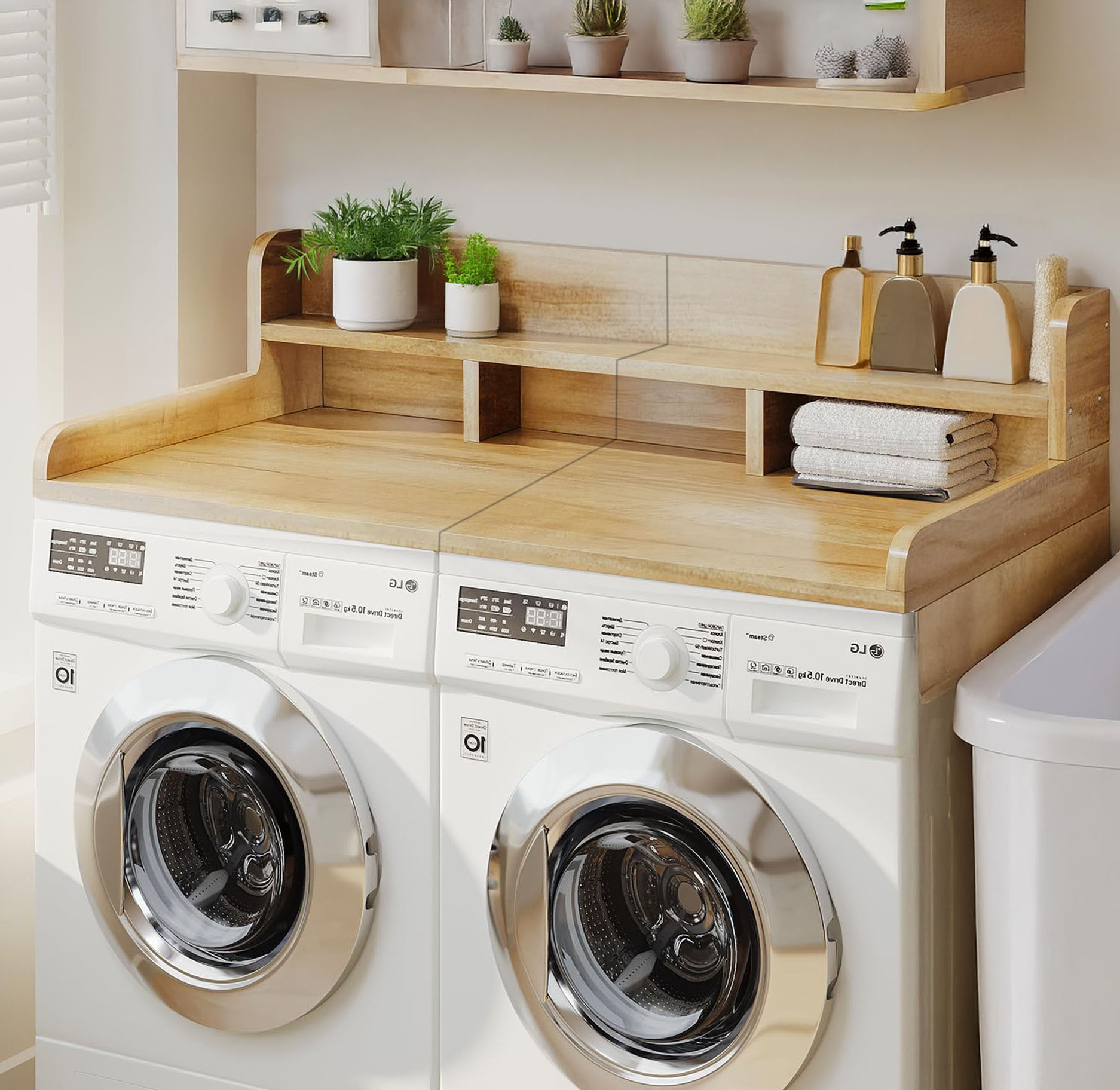 Washer Dryer Countertop With Non-Slip Pads, Wood Laundry Shelf Topper 54" Width x 27.5" Depth Organizer Solution