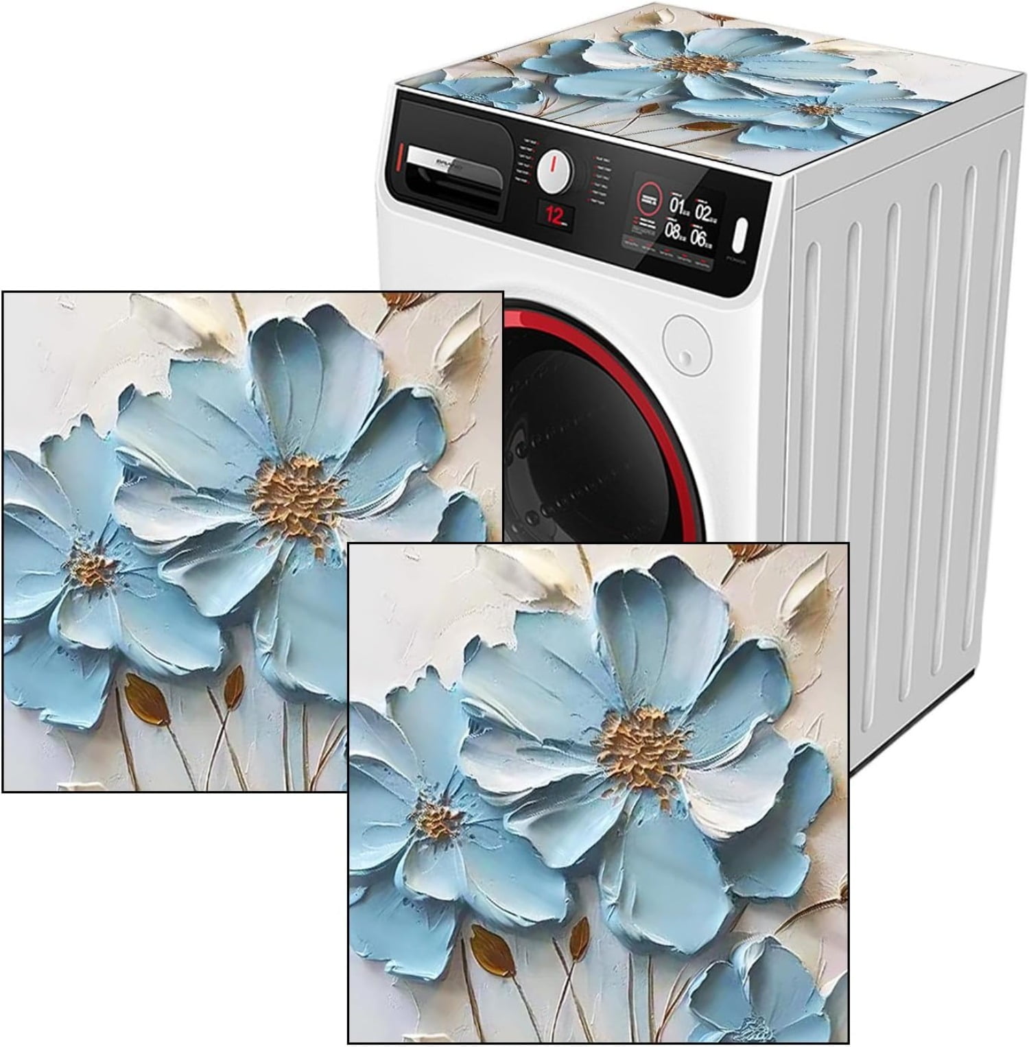 2 Pcs Washer and Dryer Covers for the Top, 19.7" x 23.6" Light Blue Flowers Dust Cover Pad for Laundry Room Decoration, Non-slip Washing Machine Covers Pad