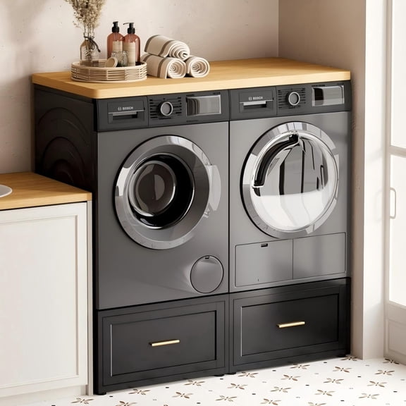 Washer and Dryer Pedestal Set of 2 with Storage Drawers, Heavy Duty Metal Laundry Pedestal for Washer, Universal Washer Dryer Stand with Storage Drawers, Washer Pedestal with Adjustable Feet