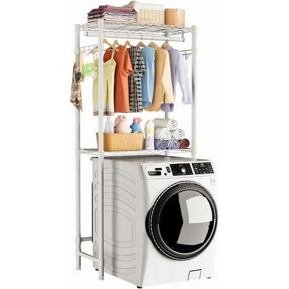 Over Washer and Dryer Shelves,2 Tier Adjustable Height Wire Shelving Laundry Room Storage Organization Clothes Drying Rack with Hanger Rod&Hooks,Space Saving Organizers Shelf,Black