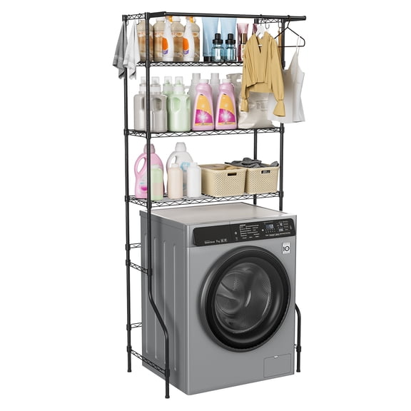 Over Washer and Dryer Shelves, 3 Tiers Laundry Room Storage Organizer, Adjustable Height Metal Freestanding Clothes Drying Rack with Hanger Rod & Hooks, 33.46" L x 19.69" W x 77.95" H, Black