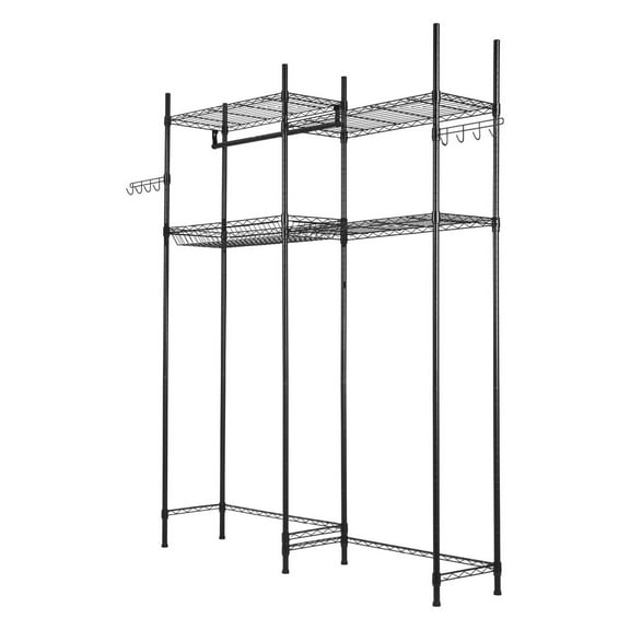 Washer Dryer Shelves - 4 Tier Laundry Storage - Over Washer Rack with Hanger Rod & Hooks - Adjustable Metal Shelves - Black