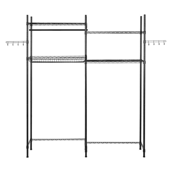 Over Washer Dryer Shelves, 4 Tier Laundry Storage Rack - Adjustable Width, Hanger Rod & Hooks - Black Metal Shelf for Laundry Room Organization, Space Saver