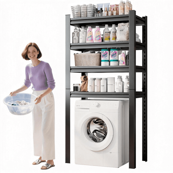 Over Washer and Dryer Shelves, 4 Tiers Adjustable Height Laundry Room Storage and Organizer Standing Shelf, Metal Freestanding Space Saving Organizers Shelf (54" H*32" W*16" D)
