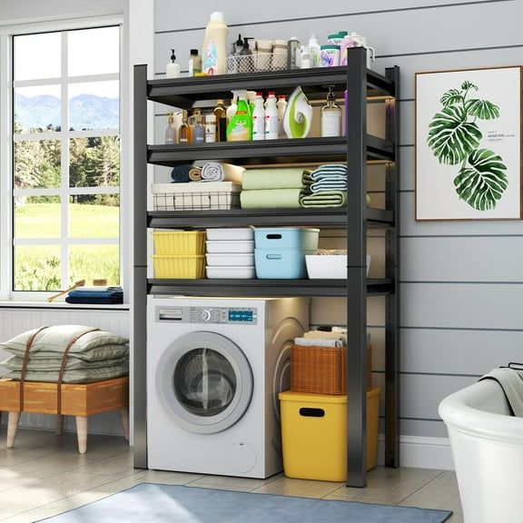 Over Washer and Dryer Shelves, 4 Tiers Laundry Room Storage and Organizer Standing Shelf, Metal Freestanding Clothes Drying Rack, 39.4" W x 13.8" D x 63" H, Black