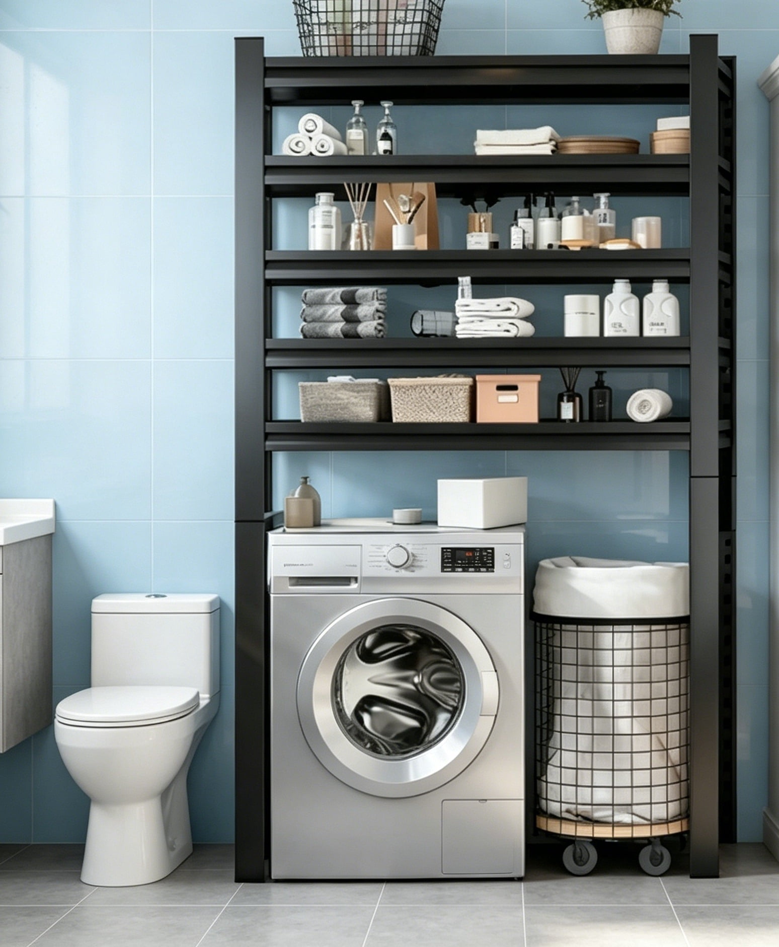 Over Washer and Dryer Shelves,5-Tier Expandable Washer and Dryer Rack, Laundry Room Storage Over Toilet, Washing Machine and Dryer Storage Rack,Bathroom Organization,77.4"Hx 39.4"W x15.7"D,Black