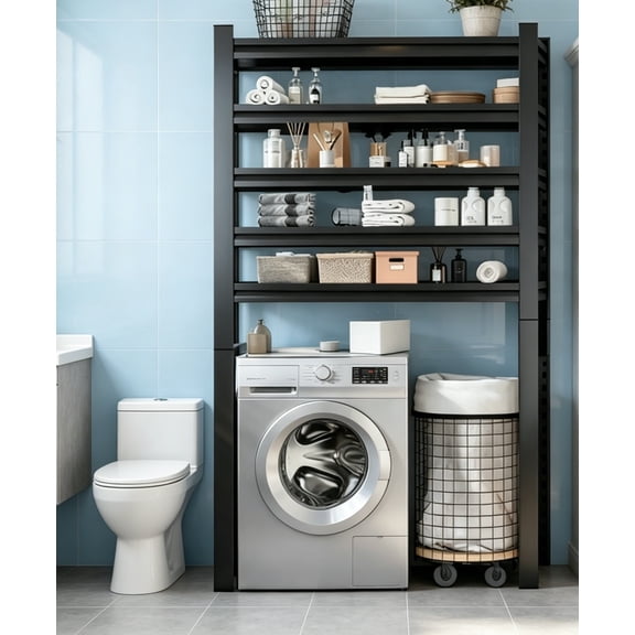 Over Washer and Dryer Shelves,5-Tier Expandable Washer and Dryer Rack, Laundry Room Storage Over Toilet, Washing Machine and Dryer Storage Rack,Bathroom Organization,77.4"Hx 39.4"W x15.7"D,Black