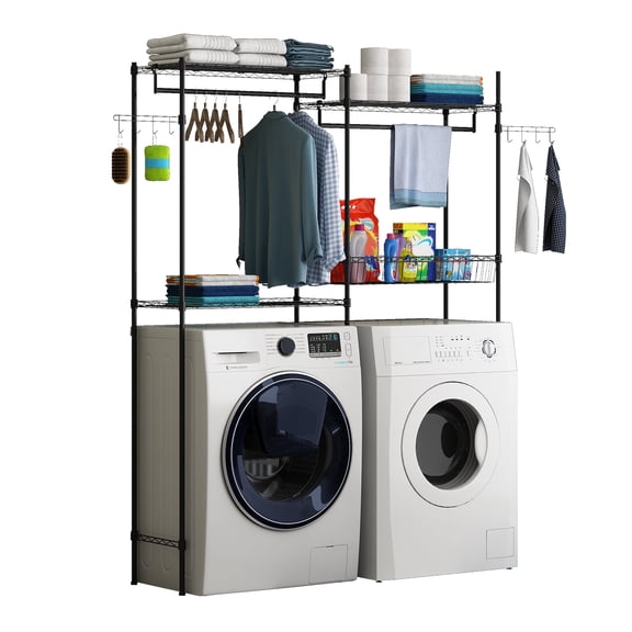 Over Washer and Dryer Shelves, 57.4 in W Laundry Room Storage and Organizer Standing Shelf, Freestanding Clothes Drying Rack,Height Adjustable Towel Racks with Hamper