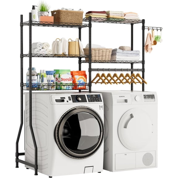 Over Washer and Dryer Shelves,Heavy Duty Laundry Room Storage Organization Clothes Drying Rack,5 Tier Adjustable Height Wire Shelving and Wire Basket with Hanger Rod&Hook