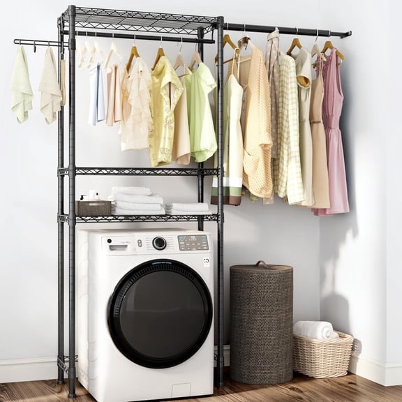 Over Washer and Dryer Shelves Heavy Duty Laundry Room Storage Organization Clothes Drying Rack 5 Tier Adjustable Height Wire Shelving and Wire Basket with Hanger Rod&amp;Hook Space Saving
