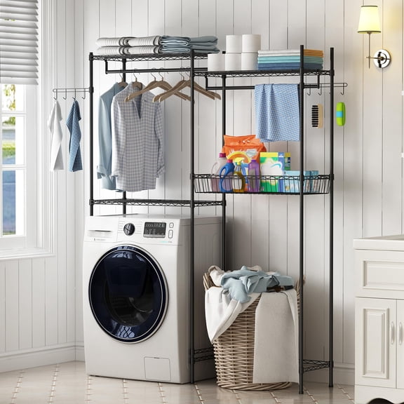 Over Washer and Dryer Shelves, Heavy Duty Laundry Room Storage Organization Clothes Drying Rack, Adjustable Height, Wire Shelving and Wire Basket with Hanger Rod & Hook