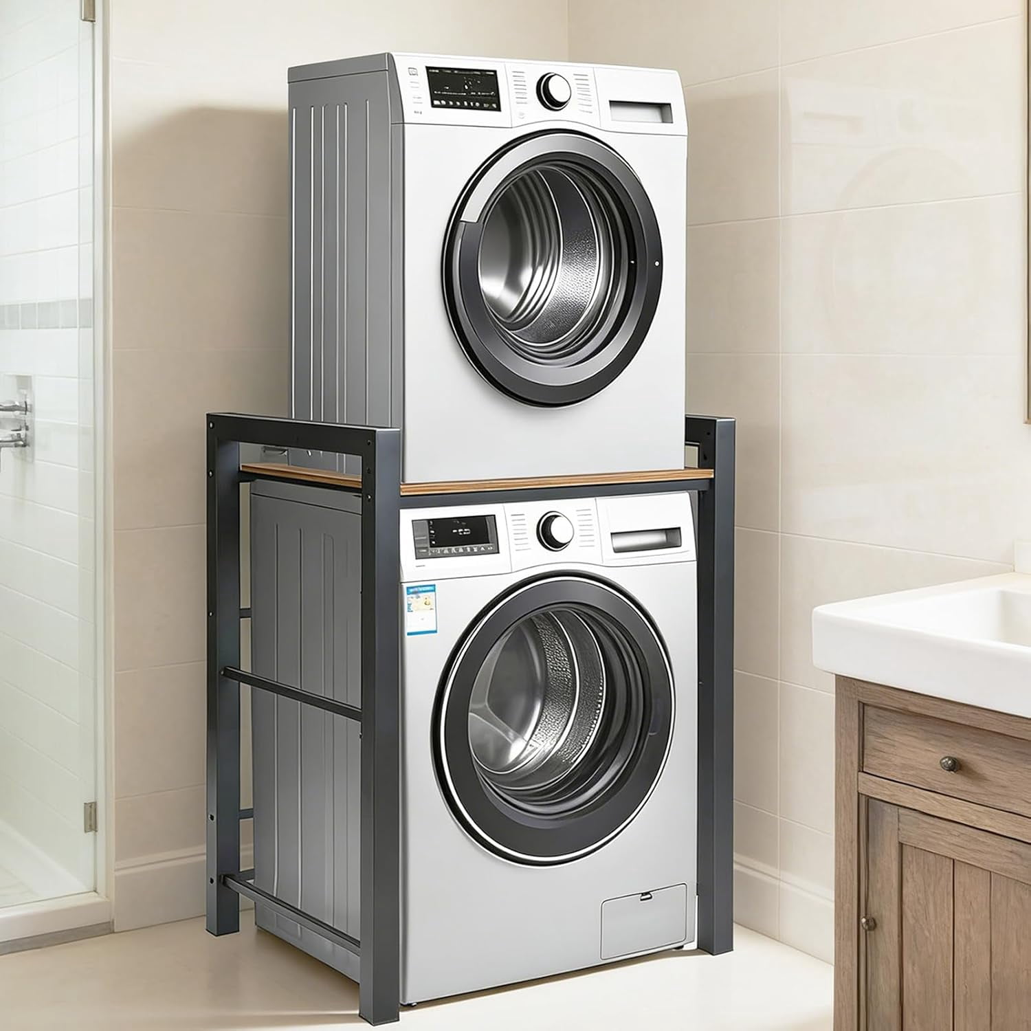 Washer Dryer Stacking Rack, 3 Height Adjustable Laundry Shelf, 300KG Load Capacity, Black Storage Organizer for Bathroom