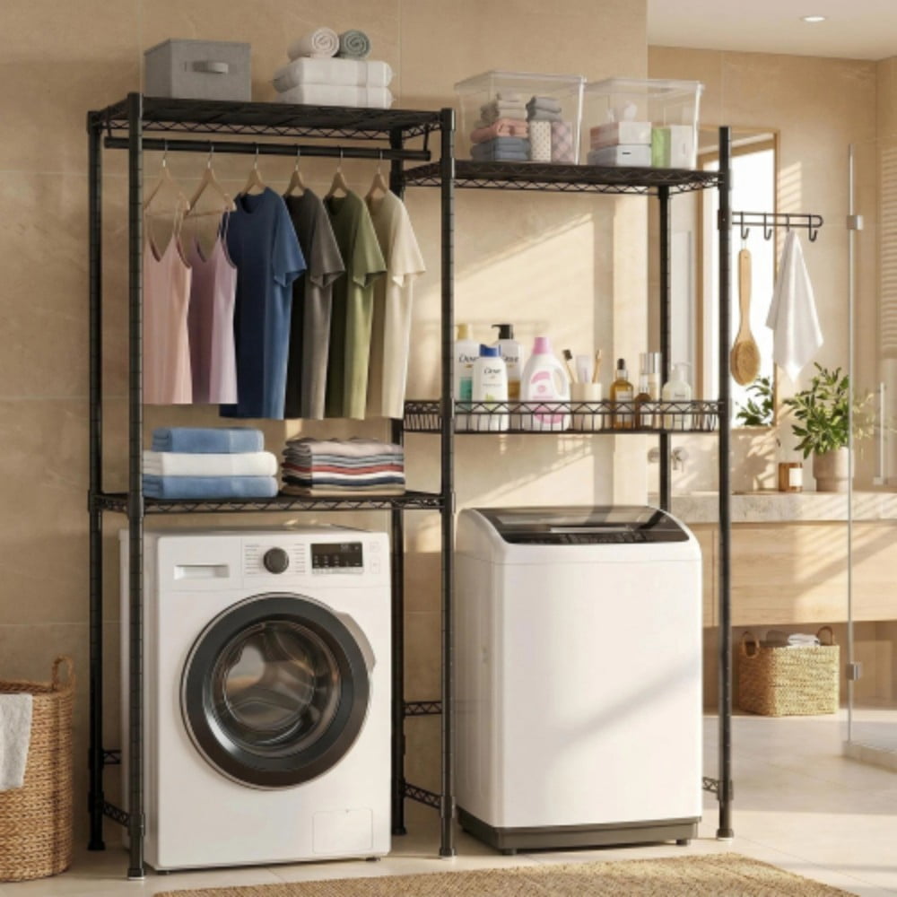 Over Washer and Dryer Storage Rack, 4-Tier Laundry Room Organizer with 3 Wire Shelves, Hanging Rod, Metal Basket & Rotating Hooks, Adjustable Heavy Duty Shelving, Black