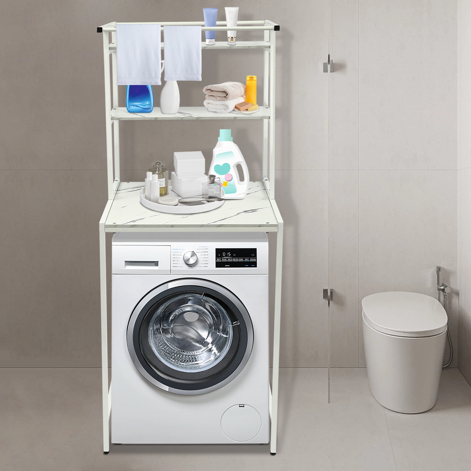 Over The Washer and Dryer Storage Shelf, 3-Tier Bathroom Room Shelf Storage Utility Rack Over The Toilet Washer Dryer Heavy Duty Laundry Room Organizer Bathroom Space Saving Organizer (White+Marble)