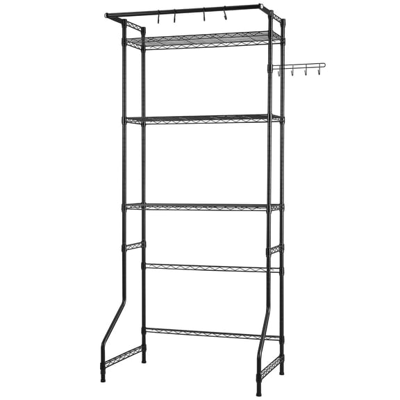 Over Washer and Dryer Storage Shelf, 3 Tiers Laundry Room Drying Rack with Hanger Rod and Hooks, Single Row Adjustable Washer Shelves Space Saver, for Laundry Room Storage & Organization, Black