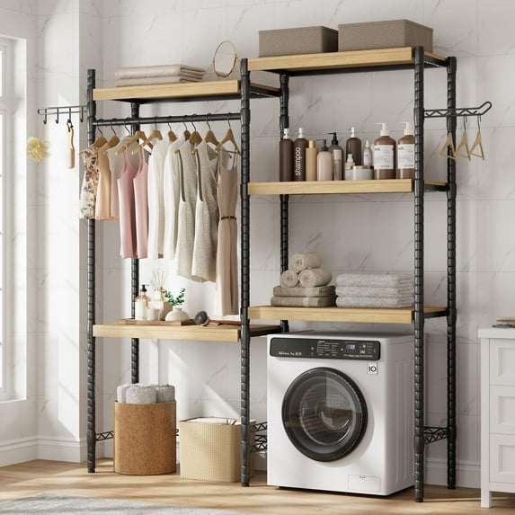 Over The Washer and Dryer Storage Shelf, 5 Tier Wood Laundry Room Organization and Storage, Adjustable Height Shelf Freestanding Space Saver and Organization Shelves for Home Storage and Decor