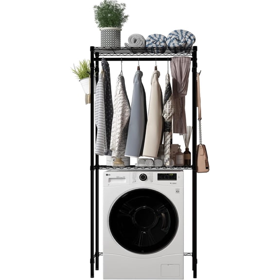 Washer and Dryer Storage Shelf,Clothes Drying Rack,2 Tier Adjustable Height Storage Shelving with 2 Side Hook Laundry Shelves Used for Bathroom, Bedroom,Balcony,Black