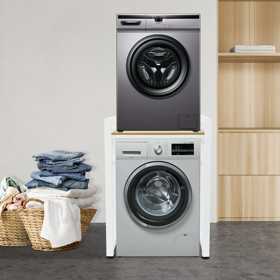 Over Washer and Dryer Storage Shelf, Floor Mount Laundry Room Storage Rack Bathroom Space Saving Organizer Rack w/Adjustable Laminate, Stackable Storage Shelf for Laundry Room (White)