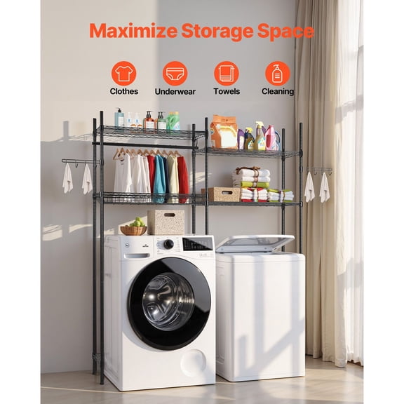 Over Washer&Dryer Storage Shelves,4 Tiers Laundry Room Drying Rack with Hanger Rod&Hooks,Two Rows Adjustable Washer Shelves Space Saver,for Laundry Room Storage&Organization,Black