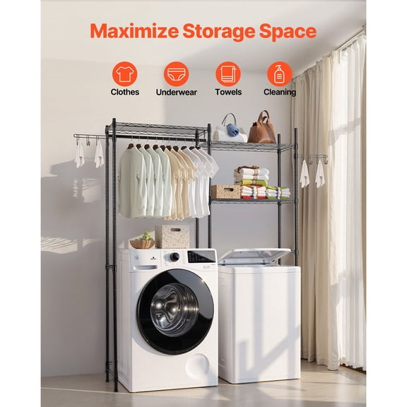 Over Washer&Dryer Storage Shelves,5 Tiers Laundry Room Drying Rack with Hanger Rod&Hooks,Two Rows Adjustable Washer Shelves Space Saver,for Laundry Room Storage&Organization,Black