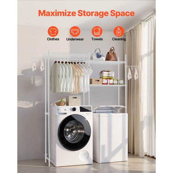 Over Washer&Dryer Storage Shelves,5 Tiers Laundry Room Drying Rack with Hanger Rod&Hooks,Two Rows Adjustable Washer Shelves Space Saver,for Laundry Room Storage&Organization,White