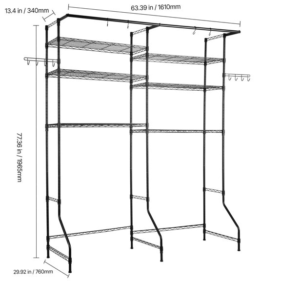 Over Washer&Dryer Storage Shelves,6 Tiers Laundry Room Drying Rack with Hanger Rod&Hooks,Two Rows Adjustable Washer Shelves Space Saver,for Laundry Room Storage&Organization,Black