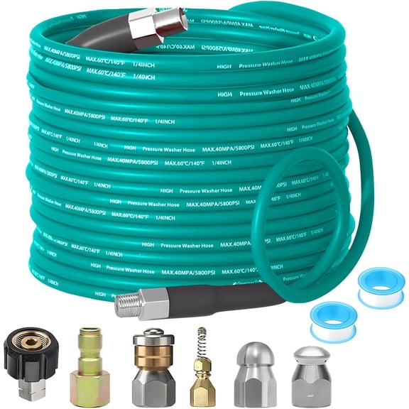 Washer Sewer Jetter Kit - 100Ft X1/4" Hydro Drain Jetter Cleaner Hose, Corner, Rotating and Button Nose Sewer Jetting Nozzle  Tape,Orifice 4.0 4.5,1/4 Inch NPT,5800 PSI