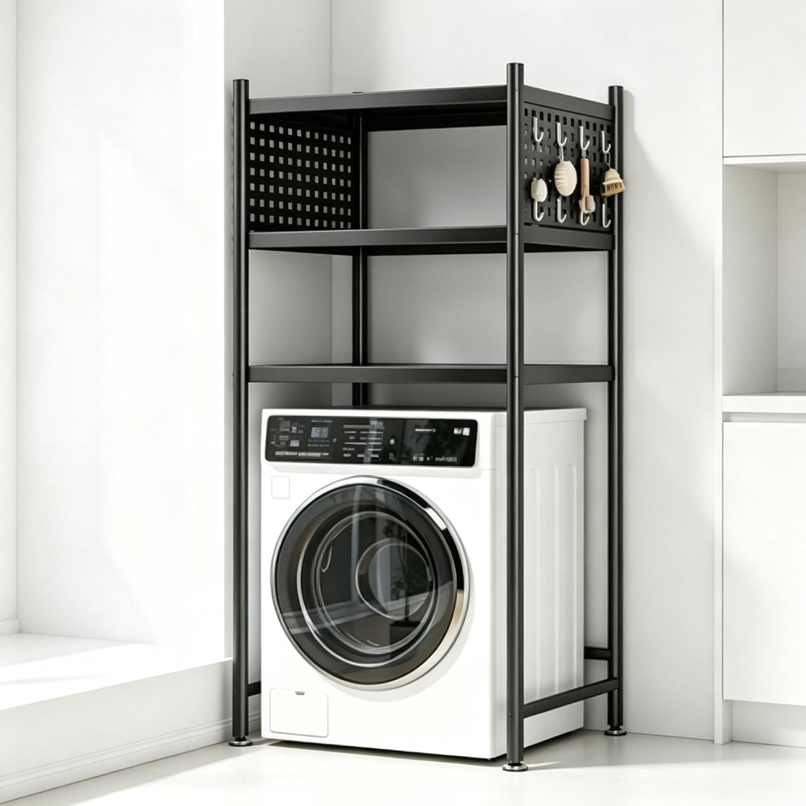 Wash Rack Washer Shelf with Side Panels-Black Carbon Steel Laundry Room Storage ...