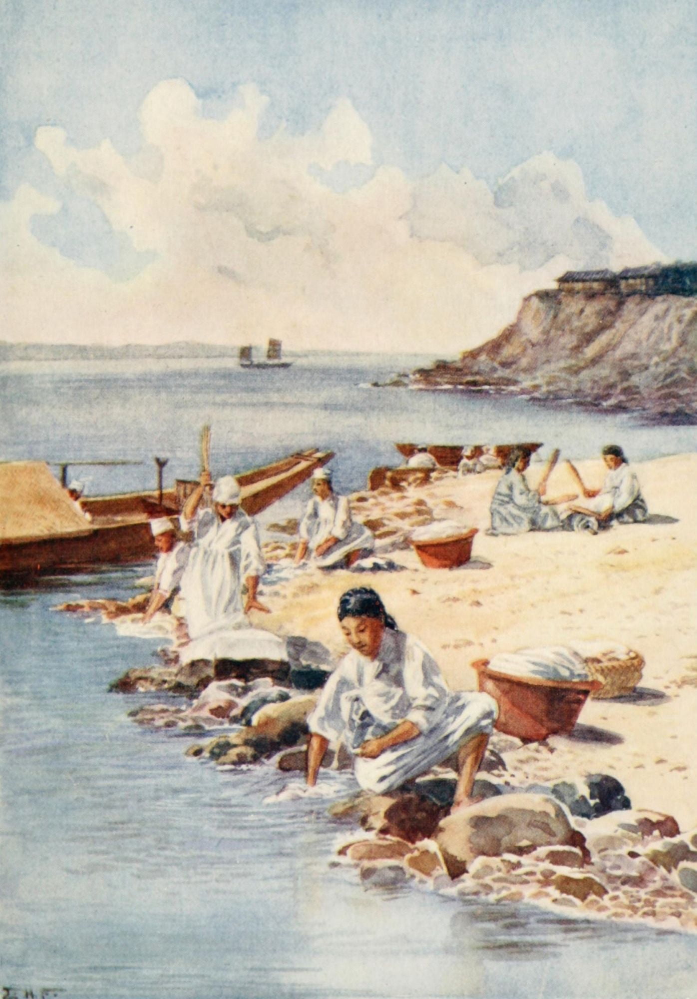 Washer-women by the river side Korea 1910 Canvas Art - Edward H Fitchew (18 x 24)