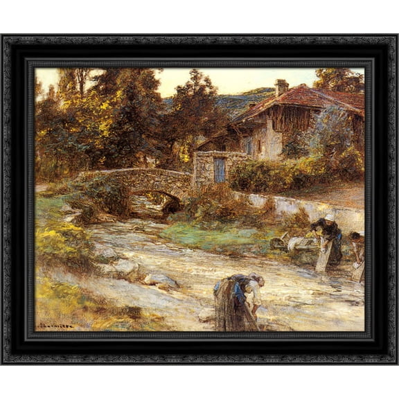 Washerwomen at a Stream with Buildings beyond 23x20 Black Ornate Wood Framed Canvas Art by L'Hermitte, Leon Augustin