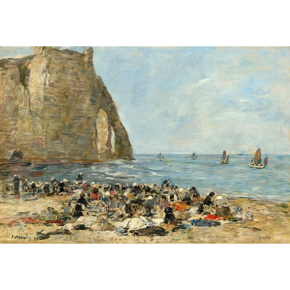 Washerwomen on the Beach of Etretat by Eugene Boudin - 12" x 18" Art Print Wall Decor