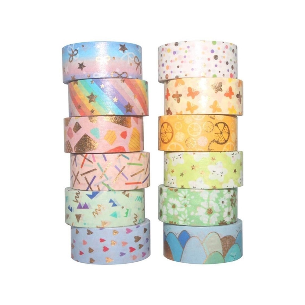 Washi Tape, 12 Rolls Gold Foil Printed Decorative Masking Tape for Arts and Crafts, Scrapbooking, Bullet, Journal, Planning, Gifts, Decoration (Candy 12)