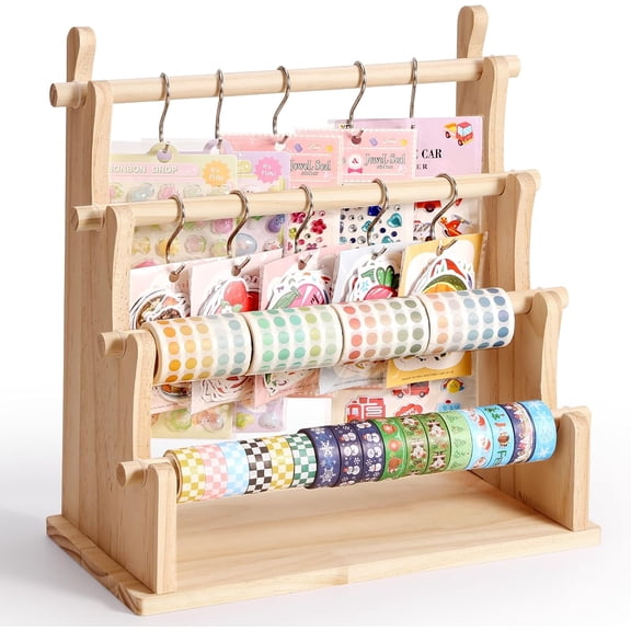 Washi Tape Organizer & Sticker Organizer, 4-Tier Wooden Display Rack for Craft Storage, Sticker Rolls, Ribbons & Bracelets for Sticker Collectors, Planner Enthusiasts, and Vendors