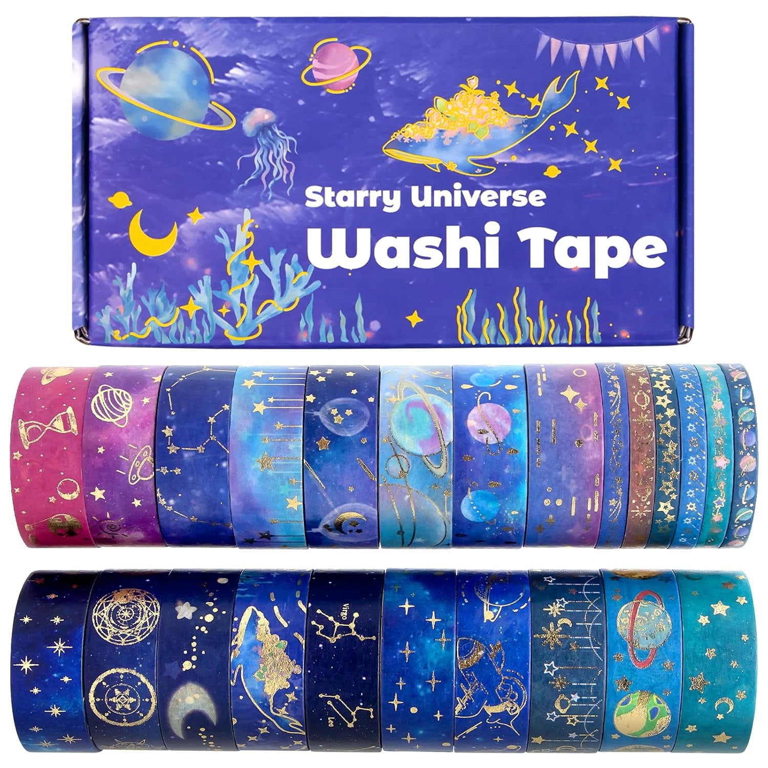Washi Tape Set - Gold Foil Galaxy Decorative Masking Tape Constellation,Stars,Celestial,Adhesive Tape for Bullet Journal,Diy Craft,Scrapbooking Supplies,Gift Wrapping,Party Decoration