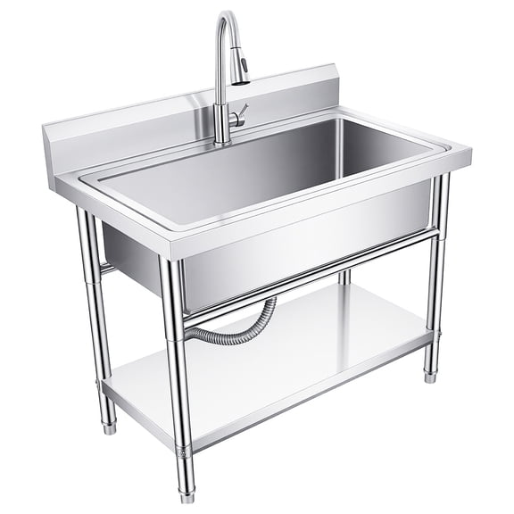 Washing Hand Basin Stainless Steel Sink, Single Bowl Laundry Sink, Heavy Duty Kitchen Utility Sink, Freestanding 40in Deep Basin with Retractable Faucet for Outdoor&Indoor Use