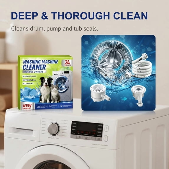 Washing Machine Cleaner for Pet Owners Enzymatic Deep Clean Descaler for Cat & Dog Hair, Urine, Odor, Residue, 24 Septic-Safe Tablets for Top Load, Front Loader, Washer Tub