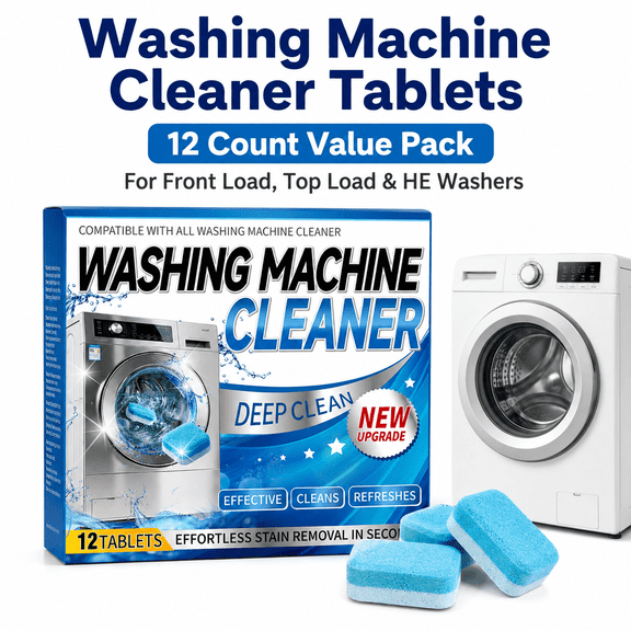 Washing Machine Cleaner Tablets, 12 Count Washer Cleaner Tablets for Front Load, Top Load and HE Washers, Deep Cleaning Washer Tablets, Helps Remove Odor-Causing Residue
