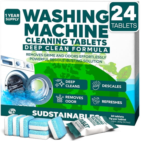 Washing Machine Cleaner Tablets (24-Pack) Deep Clean Odor & Residue Remover for Front & Top Load Washers, HE & Septic Safe Washing Machine Tub Cleaner for Long-Lasting Freshness