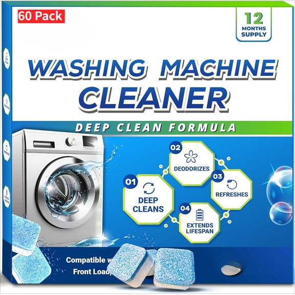 Washing Machine Cleaner Tablets, 60 Pack–Deep Cleaning Tablets for Top & Front Load HE Washer Cleaners, Descaler & Deodorizer, Septic Safe, Cleans Drum, Tub, Seal & All Internal Parts